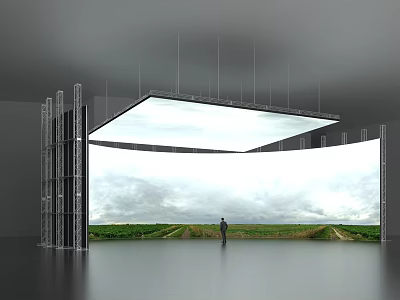 Advanced Computer Curved Screen Displaying Digital Field Sky Landscape With Person Standing 3d model