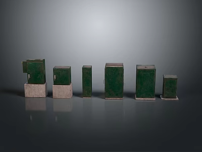 Green Computer Servers In Different Sizes Shapes With White Bases Arranged On Grey Background 3d model