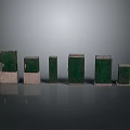 Green Computer Servers In Different Sizes Shapes With White Bases Arranged On Grey Background