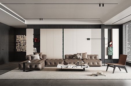 Minotti Living Room Corner Sofa Single Chair Marble Coffee Table Floor Lamp Side Table Picture Venetian Blinds 3d model