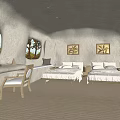 Hotel Room Interior With Two Beds Beige Walls Artworks Window Table And Chair