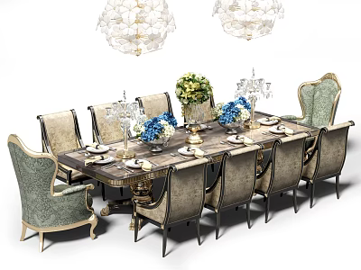 Classic Dining Table Set With Green Cushioned Chairs Blue White Flower Vases And Chandeliers 3d model