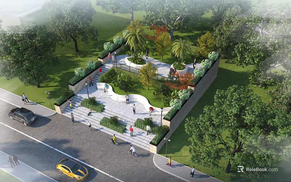 Park Landscape Design With Winding Pathways Lush Greenery And People Walking 3d model 