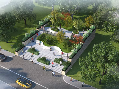 Park Landscape Design With Winding Pathways Lush Greenery And People Walking 3d model