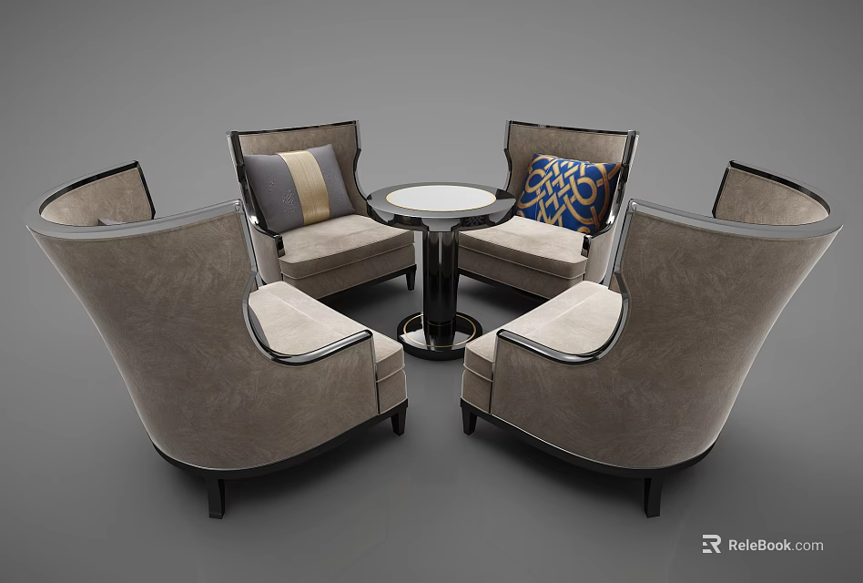 Modern Beige Upholstered Chairs With Accent Pillows And Round Table Set 3d model