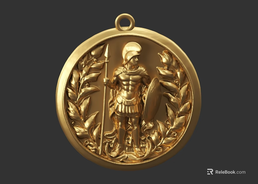 Gold Circular Jewelry Pendant With Warrior Relief And Laurel Leaf Decoration 3d model 