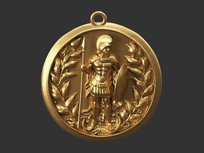 Gold Circular Jewelry Pendant With Warrior Relief And Laurel Leaf Decoration 3d model