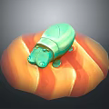 Small Green Hippo Shaped Figurine Placed On Orange Striped Round Base