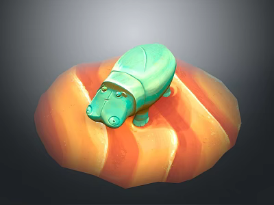 Small Green Hippo Shaped Figurine Placed On Orange Striped Round Base 3d model