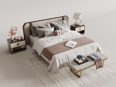 Modern Elegant Double Bed Interior Design With Bedside Table Lamp Vase And Decorative Pillows 3d model