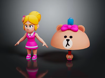 Blonde Girl Wearing Pink Dress and Shoes with Cartoon Bear Pink Bow and Blue Top 3d model