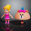 Blonde Girl Wearing Pink Dress and Shoes with Cartoon Bear Pink Bow and Blue Top