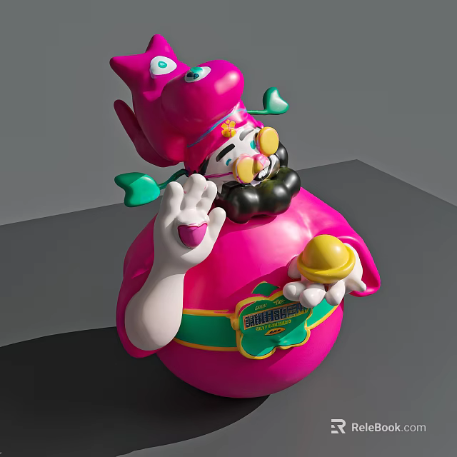 Pink Green Yellow Colorful Cartoon Character Art Installation With Large Eyes And Waving Hand 3d model 