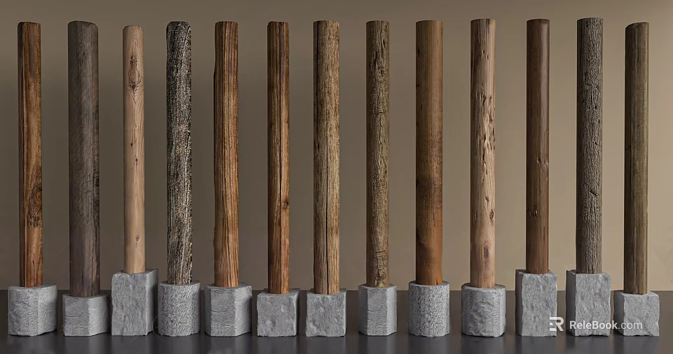 Rustic Wooden Columns With Natural Texture And Gray Stone Bases 3d model 