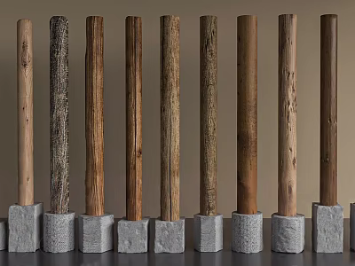 Rustic Wooden Columns With Natural Texture And Gray Stone Bases 3d model
