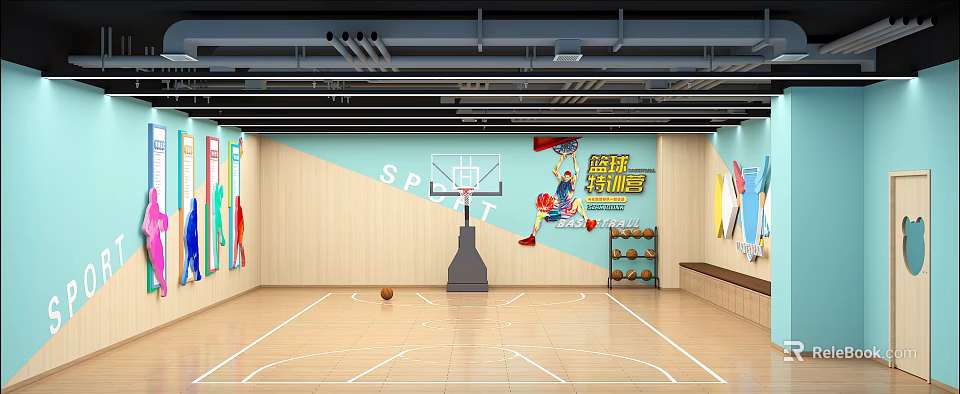 Indoor Basketball Court With Basketball Hoop Wooden Floor Training Camp Wall Decor And Basketball 3d model 