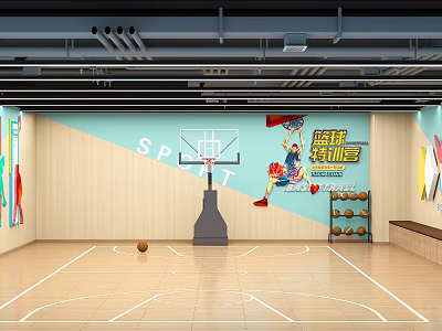 Indoor Basketball Court With Basketball Hoop Wooden Floor Training Camp Wall Decor And Basketball 3d model