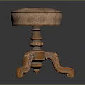 Vintage Wooden Stool With Round Upholstered Seat And Carved Curved Legs