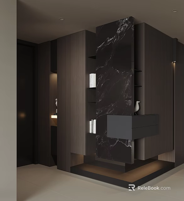Modern Wooden Shoe Cabinet Interior With Marble Panel Open Shelves And Drawers 3d model 