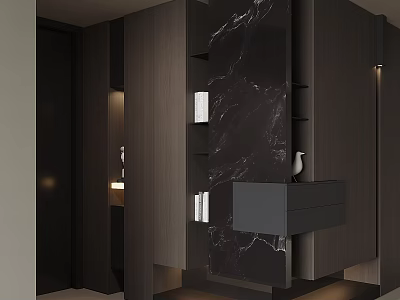 Modern Wooden Shoe Cabinet Interior With Marble Panel Open Shelves And Drawers 3d model