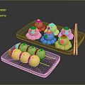 Colorful Cartoon Shaped and Brown Round Food Skewers on Black Trays