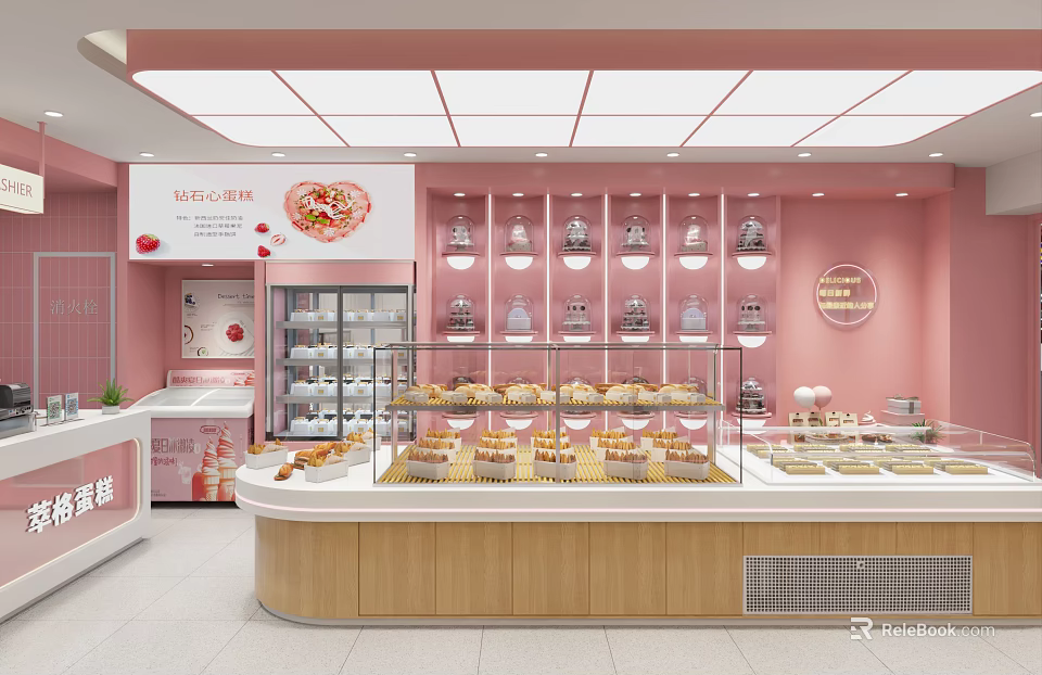 Pink Themed Dessert Shop Interior Design With Glass Display Cases Wooden Counter And Fresh Pastries 3d model 