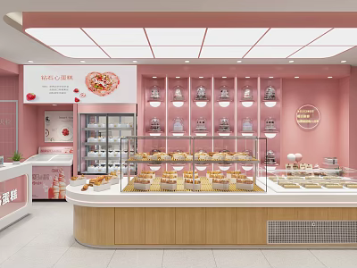Pink Themed Dessert Shop Interior Design With Glass Display Cases Wooden Counter And Fresh Pastries 3d model