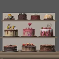 Colorful Assorted Decorated Cakes Displayed On Three Tiered Wooden Shelf With Toppings
