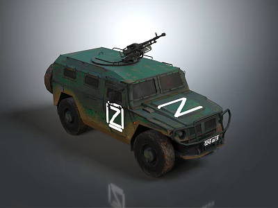 Machine Gun Weapon Mounted On Green Armored Military Vehicle With Z Markings And Worn Appearance 3d model