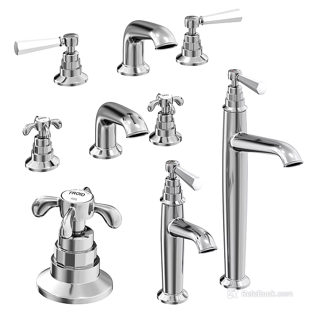 Various Stylish Chrome Faucets With Classic Cross Handles And Modern Spout Shapes 3d model 