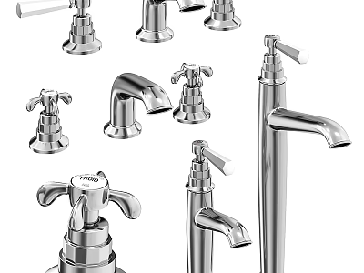 Various Stylish Chrome Faucets With Classic Cross Handles And Modern Spout Shapes 3d model
