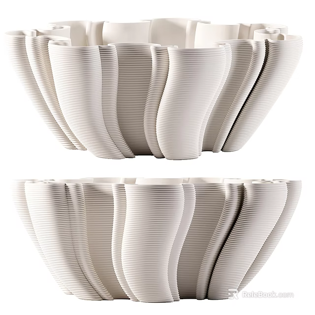 White Ribbed Ceramic Vessels With Unique Curved Shape For Decorative 3d model 