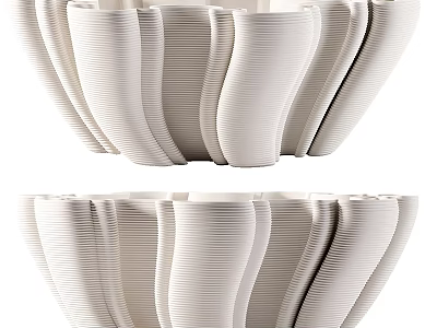 White Ribbed Ceramic Vessels With Unique Curved Shape For Decorative 3d model