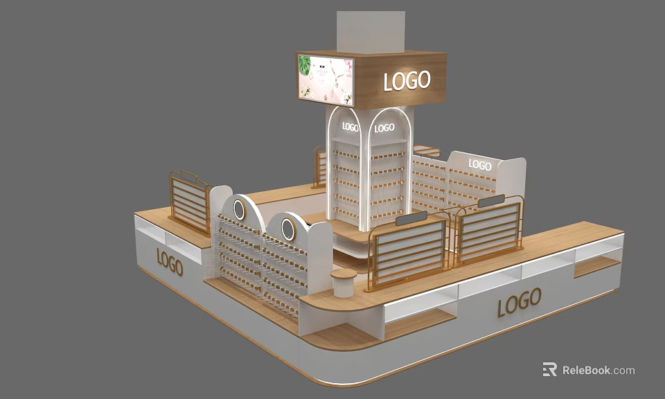 Modern Exhibition Booth Design With Multiple Logo Displays And Display Shelves 3d model 