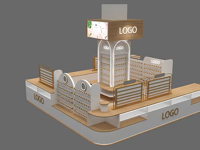 Modern Exhibition Booth Design With Multiple Logo Displays And Display Shelves 3d model
