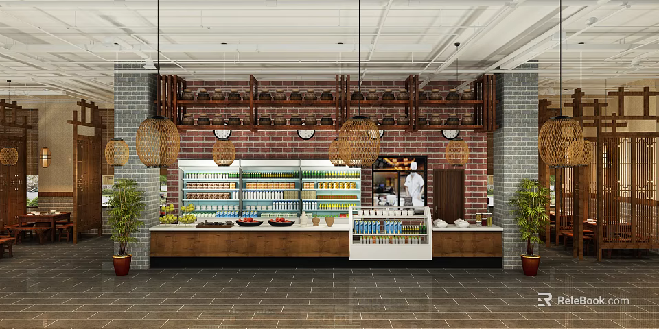 Restaurant Interior With Exposed Brick Wall Wooden Shelves Food Display Woven Lanterns And Green Plants 3d model 