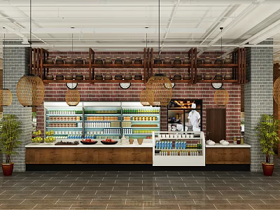 Restaurant Interior With Exposed Brick Wall Wooden Shelves Food Display Woven Lanterns And Green Plants 3d model