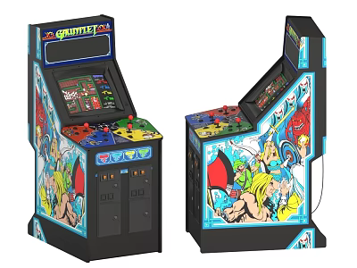 Two Vintage Retro Arcade Machines With Colorful Artwork And Game Controls For Entertainment 3d model