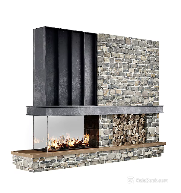 Modern Stone Fireplace Design With Burning Fire And Stacked Wood Logs 3d model 