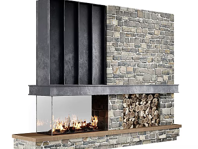 Modern Stone Fireplace Design With Burning Fire And Stacked Wood Logs 3d model