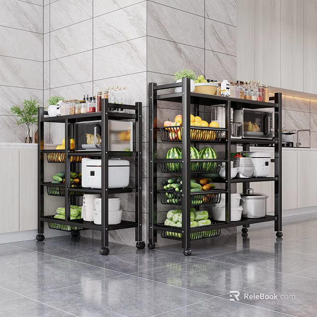 Black Metal Multi Tier Rolling Kitchen Storage Racks With Fruits Vegetables And Appliances 3d model 