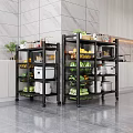 Black Metal Multi Tier Rolling Kitchen Storage Racks With Fruits Vegetables And Appliances