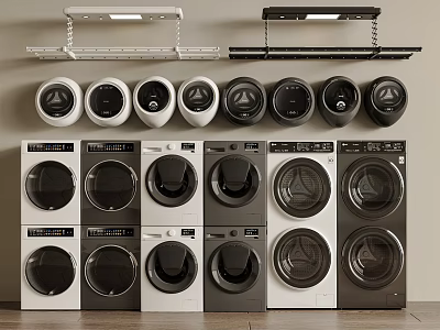 Multiple Washing Machines In Various Colors And Styles On Display Racks 3d model
