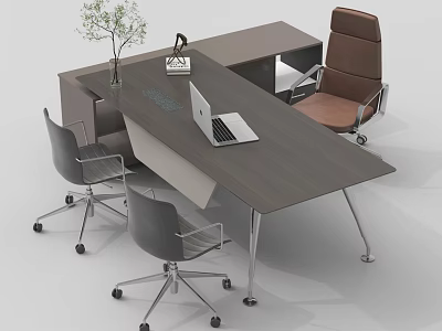 Modern Office Desk With Laptop Brown Chair Gray Chairs And Potted Plant 3d model
