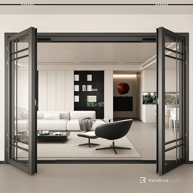 Modern Living Room Interior With White Sofa Black Armchair Red Circular Decor And Green Plants 3d model 