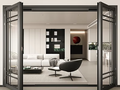 Modern Living Room Interior With White Sofa Black Armchair Red Circular Decor And Green Plants 3d model
