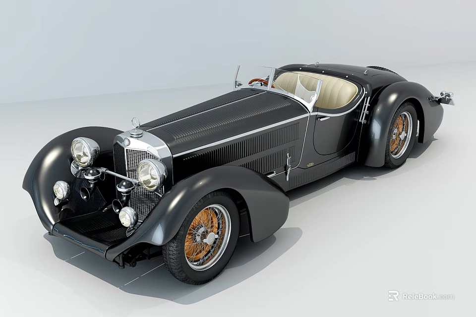 Vintage Black Convertible Classic Car With Round Headlights Beige Interior And Retro Wheels 3d model 