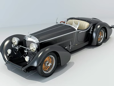 Vintage Black Convertible Classic Car With Round Headlights Beige Interior And Retro Wheels 3d model