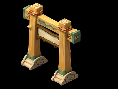 Traditional Wooden Stone Archway With Carved Stone Base And Twisted Rope Decorations 3d model