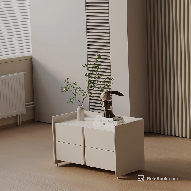 Modern Minimalist White Bedside Table With Two Drawers White Vase Green Plant And Rabbit Figurine 3d model 